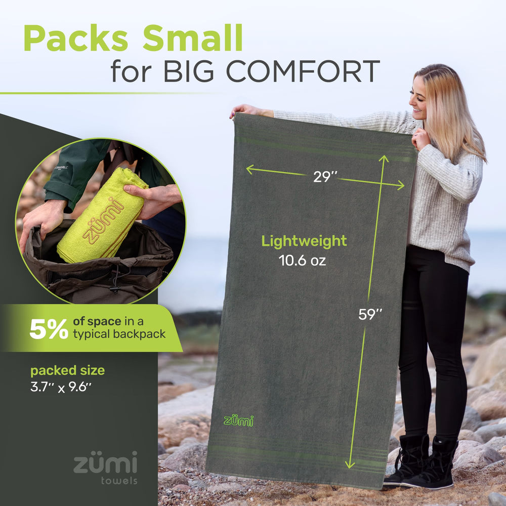 Zumi quick-dry travel towel folded for compact packing.