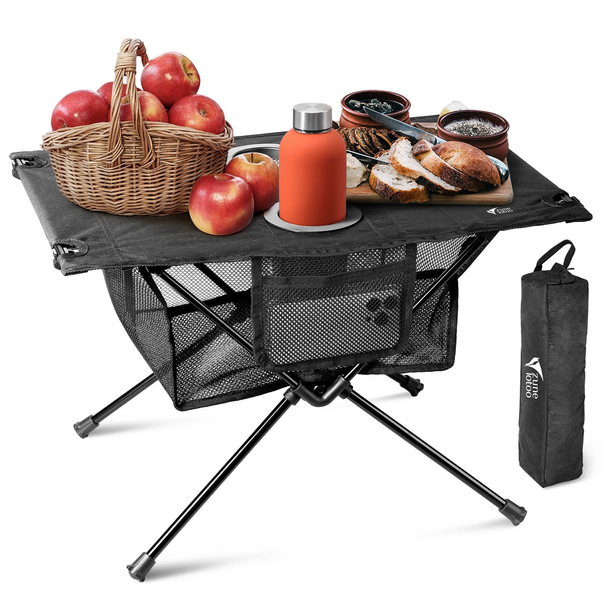 Zune Lotoo portable camping table folded for easy transport and space-saving storage.