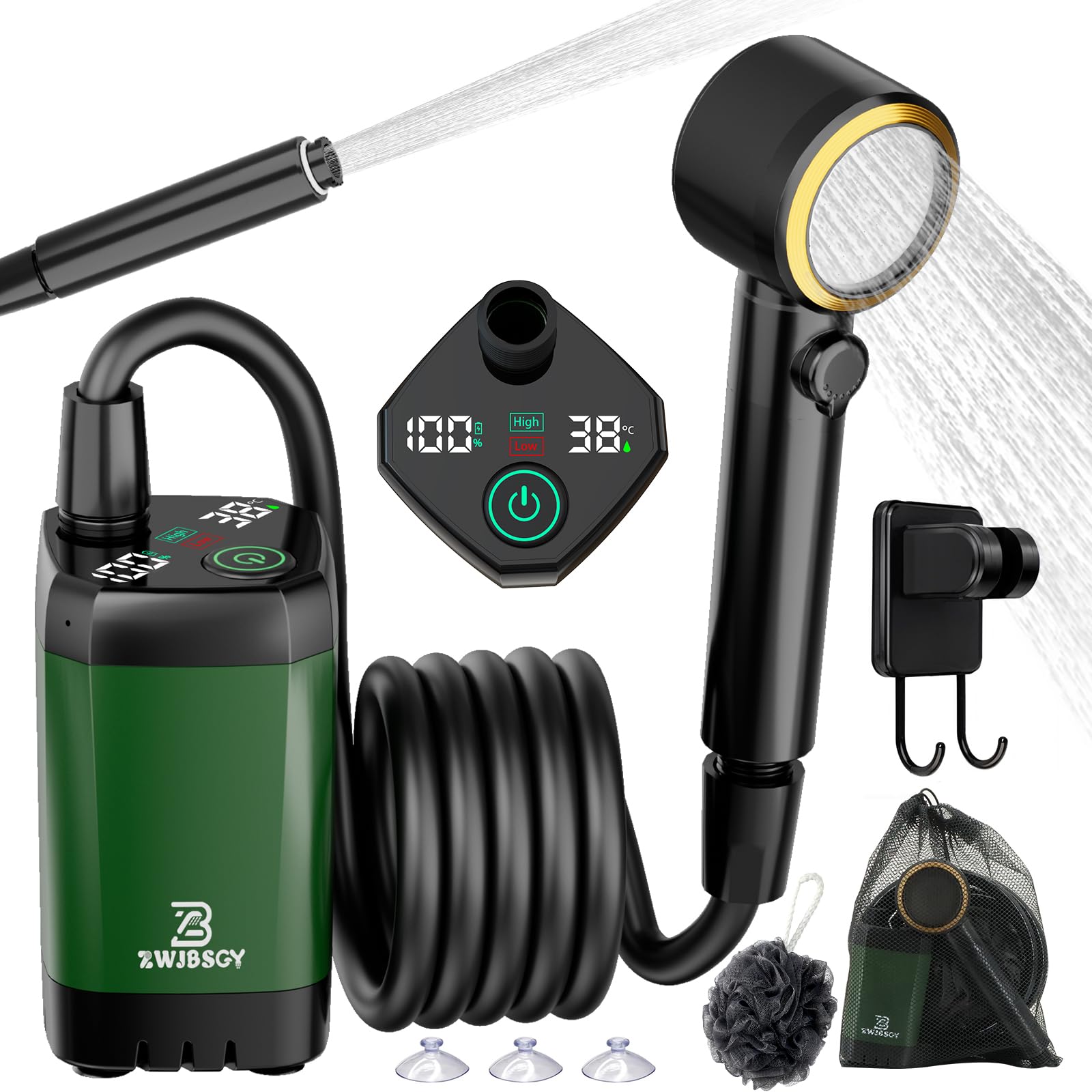 ZWJBSGY portable shower with 6k mAh battery powering long outdoor showers.