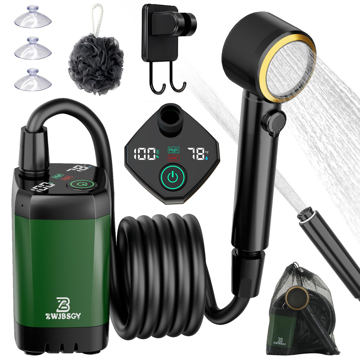ZWJBSGY portable shower with digital display for temperature and battery status.