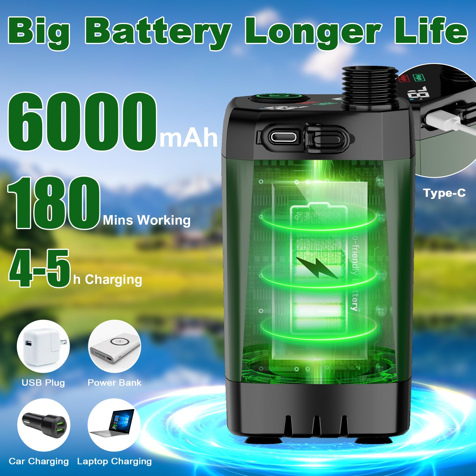 ZWJBSGY portable shower digital display showing temperature and battery life.