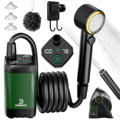 ZWJBSGY portable shower with digital display for temperature and battery status.