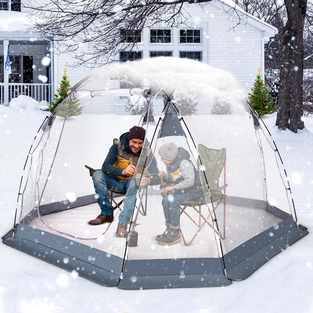 ZXPLO 10x10 clear bubble tent exterior view showing weatherproof shelter for outdoor events