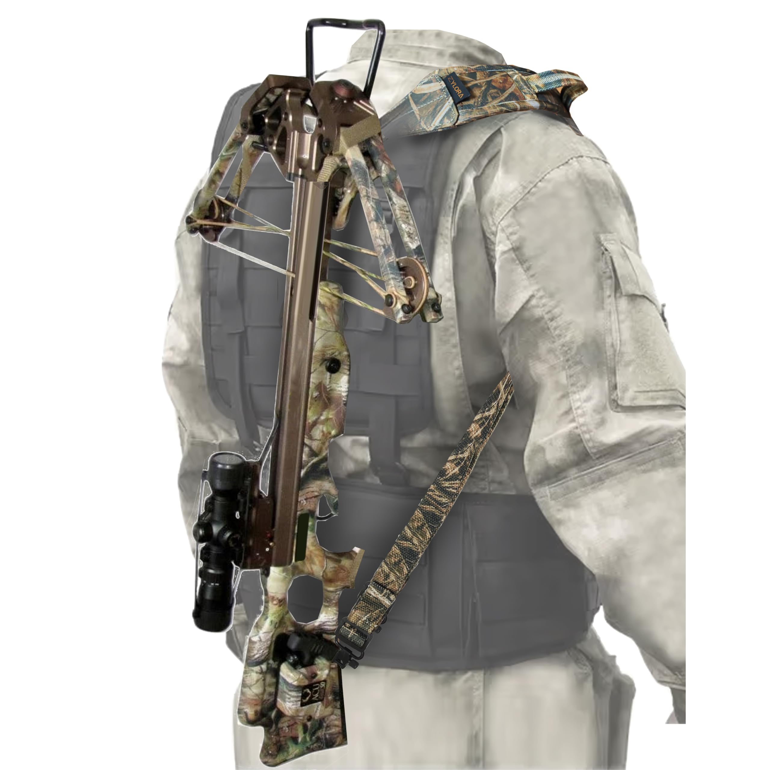 Zylora Crossbow Sling in-use on hunter-ready setup for quick access.