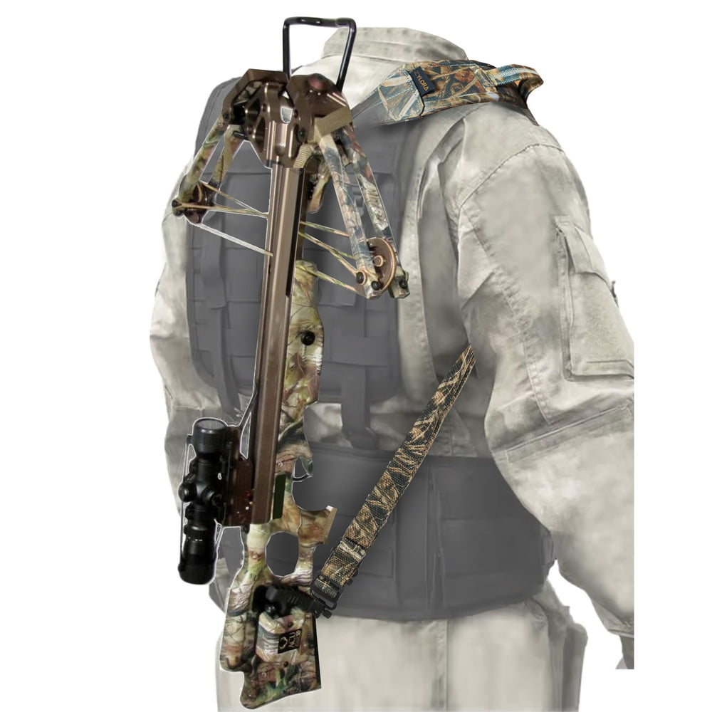 Zylora Crossbow Sling in-use on hunter-ready setup for quick access.