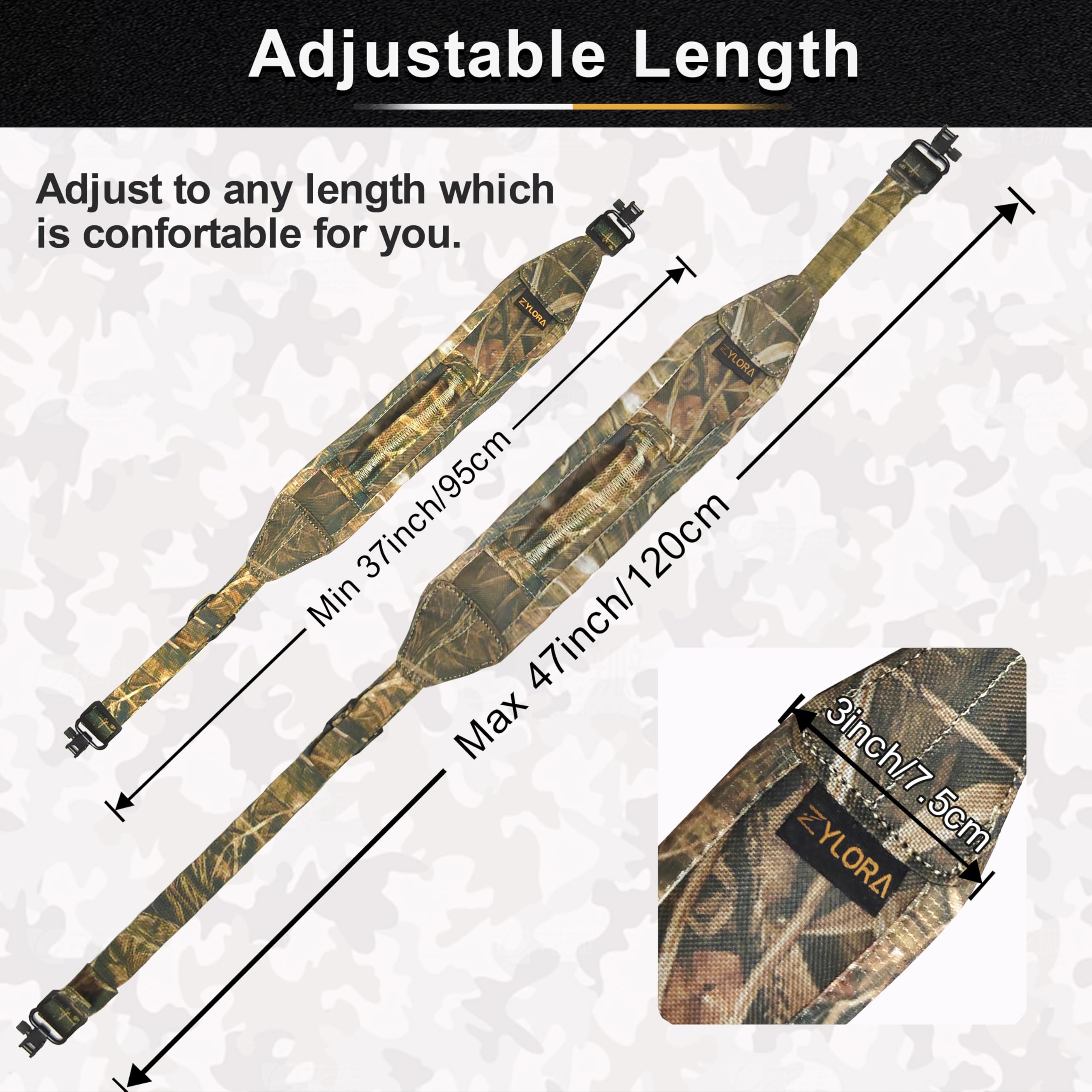 Zylora Crossbow Sling length adjustable up to 47 inches for a custom fit.