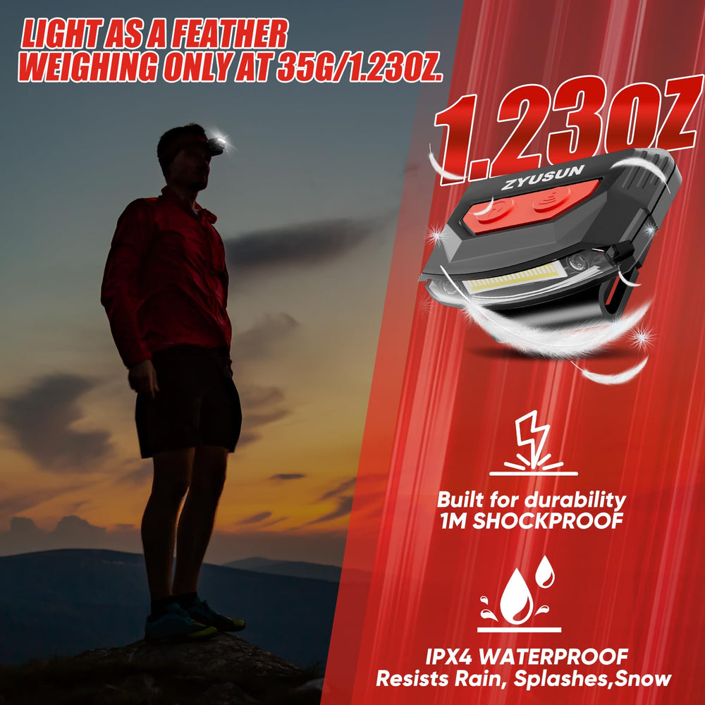 Zyusun IPX4 waterproof cap light withstands rain during outdoor activities.