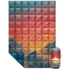 zzlamb Puffy Camping Blanket in compact bag demonstrates portable warmth for outdoor trips.