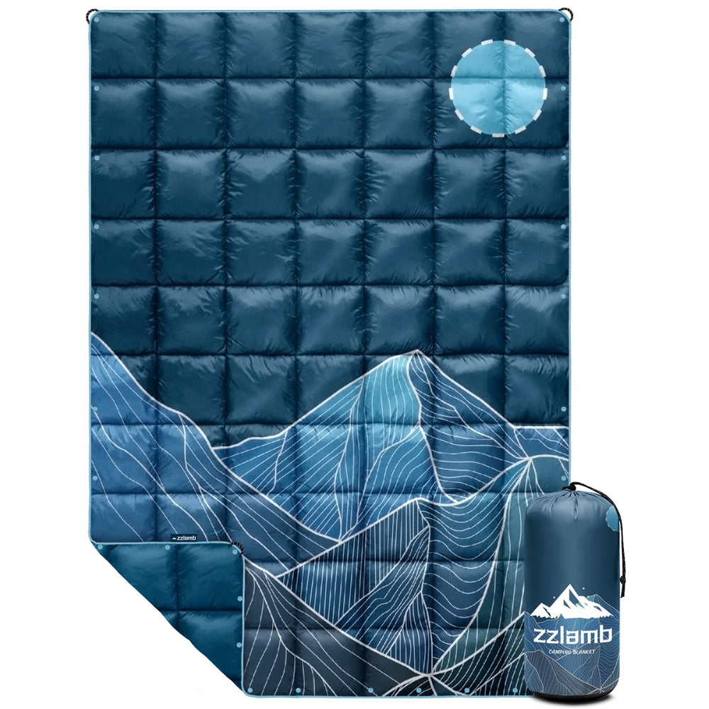 zzlamb Puffy Camping Blanket with poncho-snaps for hands-free warmth at the campsite.