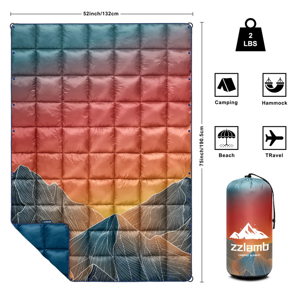 zzlamb Puffy Camping Blanket with snaps converts to a sleeping bag for easy resting.