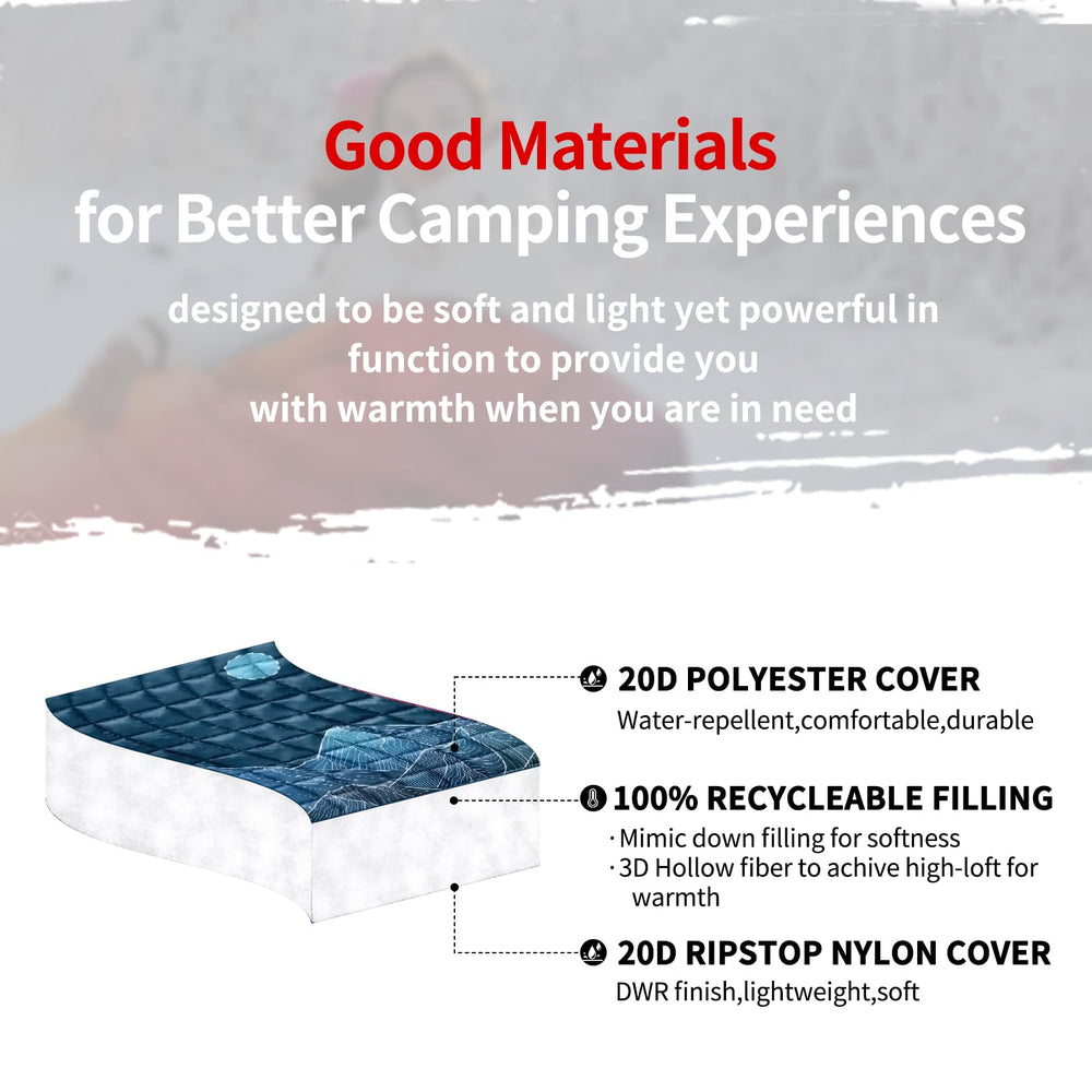 zzlamb Puffy Camping Blanket demonstrates warm retention for cool outdoor evenings.