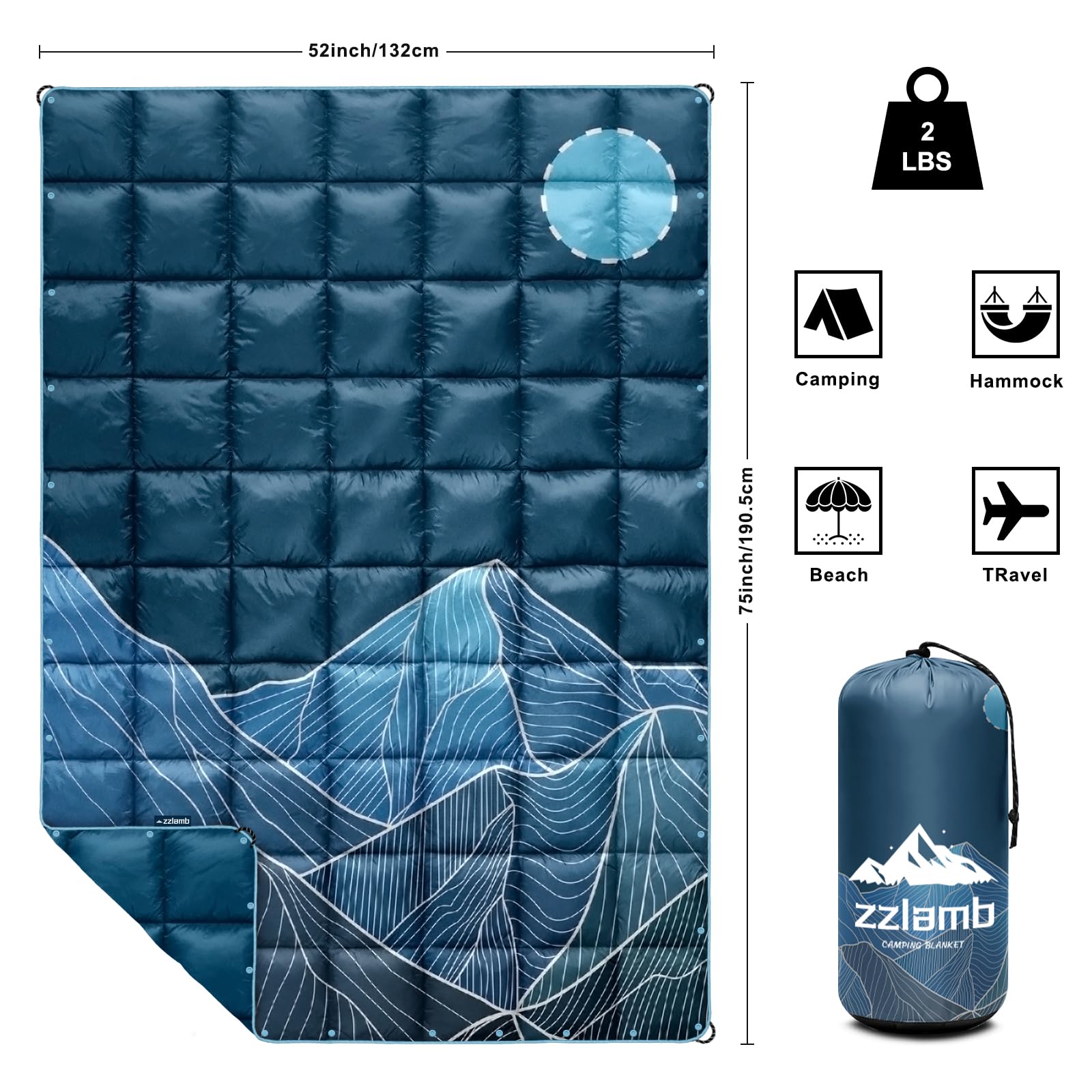 zzlamb Puffy Camping Blanket water-repellent coating keeps you dry during damp picnics.
