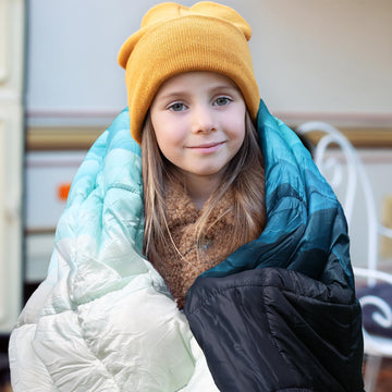 zzlamb Sherpa Puffy Blanket wearable with double clips for hands-free warmth.