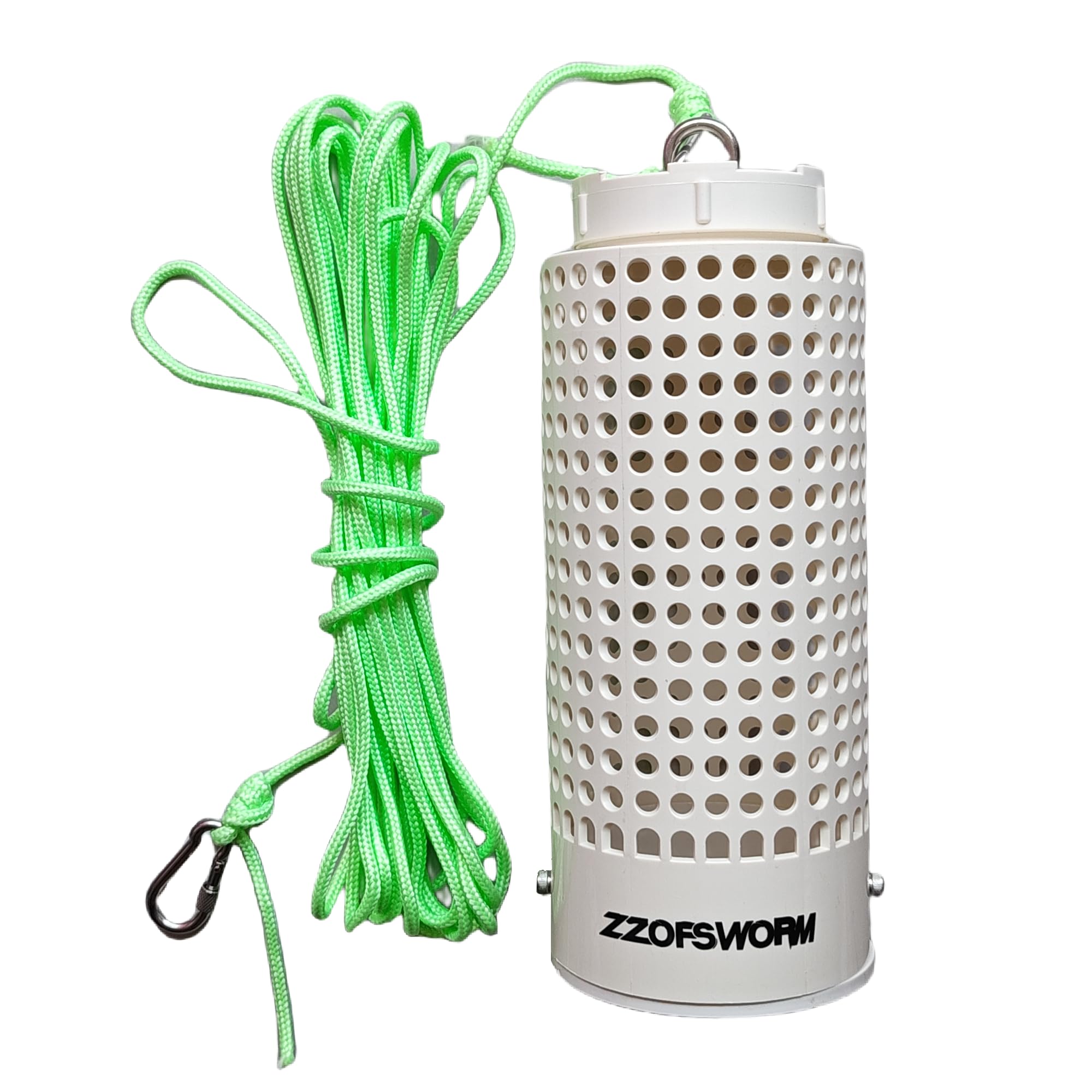Front view of ZZOFSWORM bait cage showing rigid PVC construction